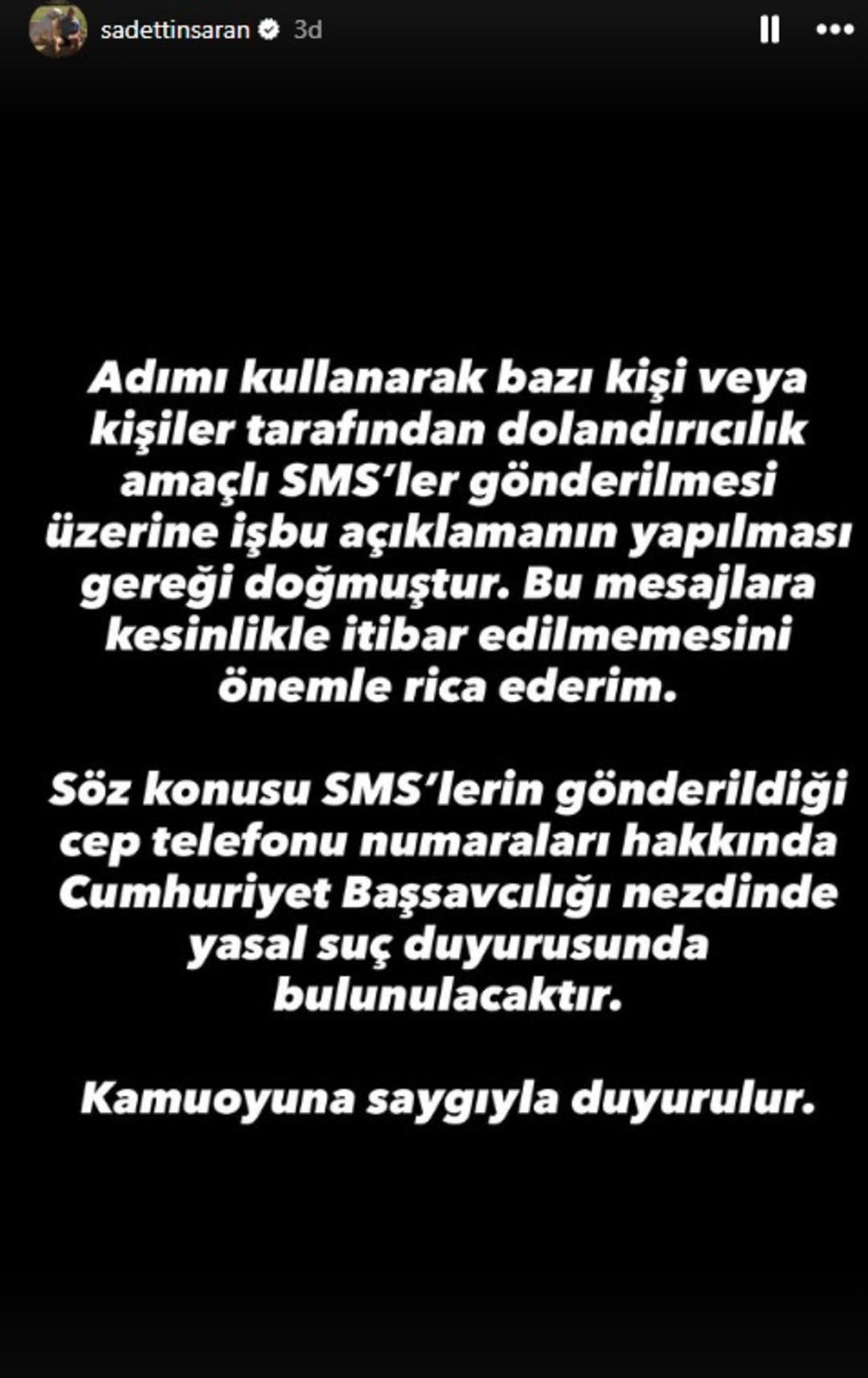 F.Bahçe Başkanı Sadettin Saran'dan dolandırıcılık uyarısı: 